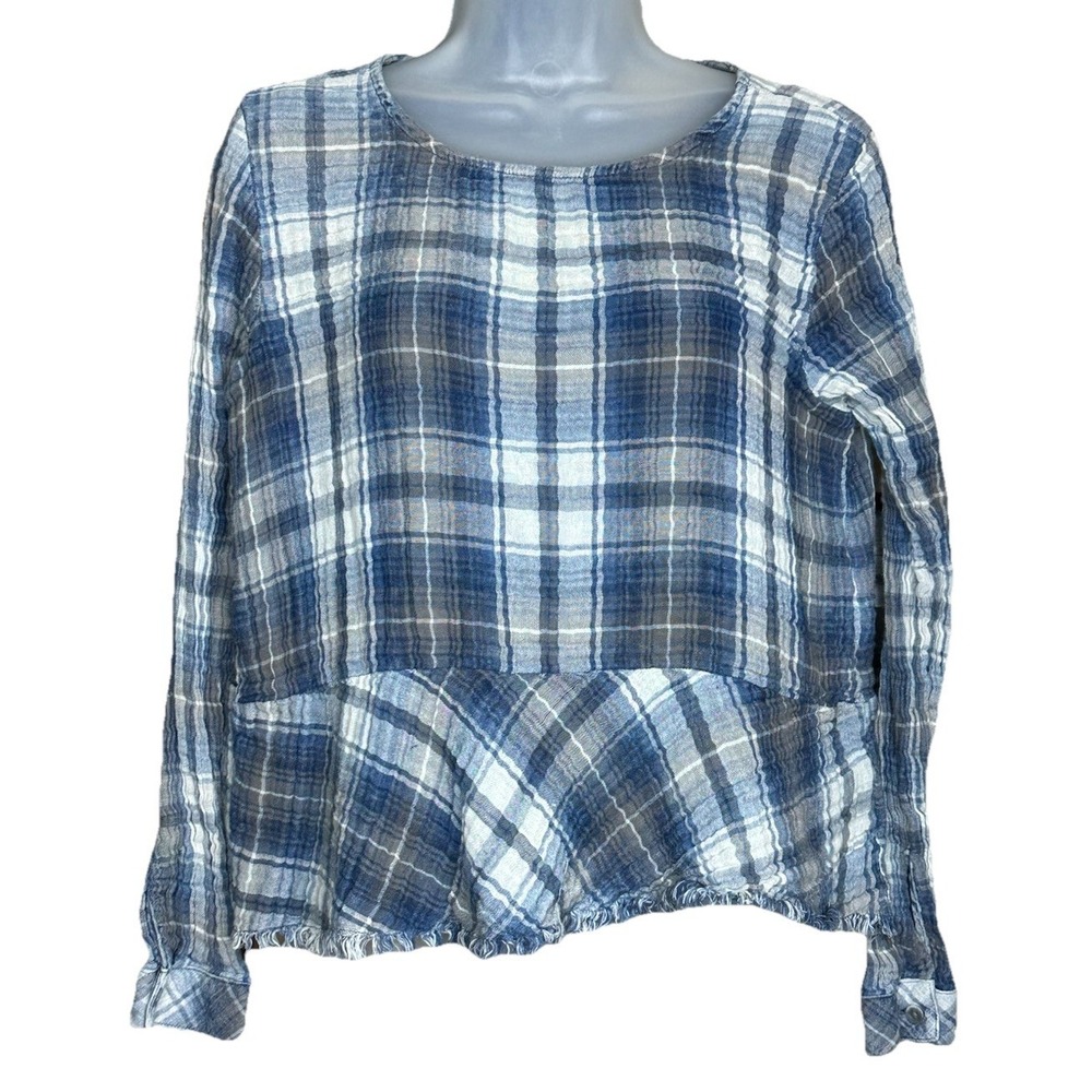 Cloth & Stone Plaid Button-Up Back Long Sleeve Crop Top Blue Gray Gauzy Raw Hem